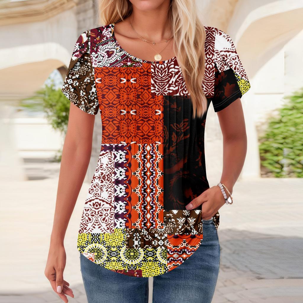 Womens Tops Petal Short Sleeve Summer Round Neck Shirts Floral  Printing Blouses For Women Dressy Casual