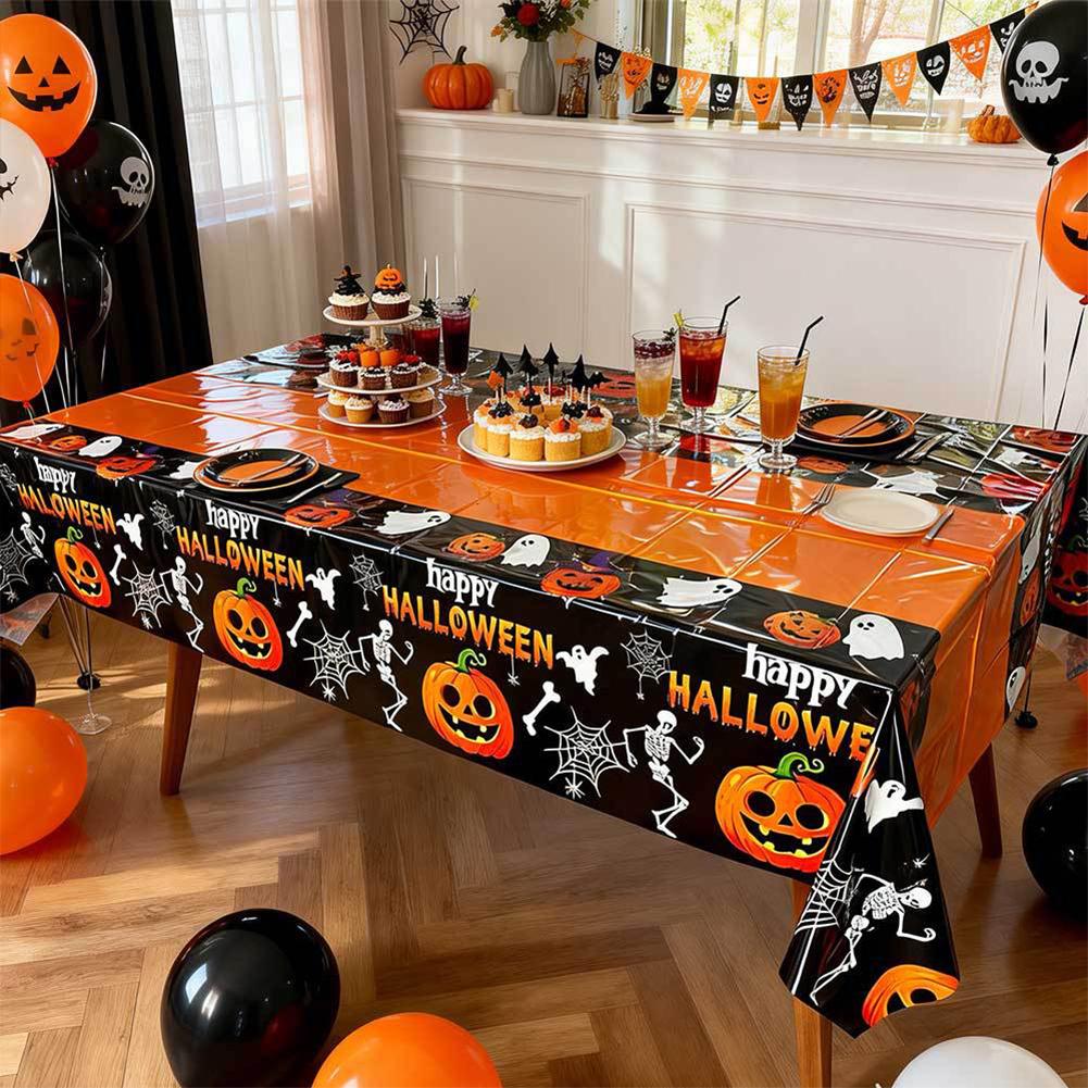 Halloween Pumpkin Skeleton Themed Disposable Tablecloth Waterproof Oilproof Rectangular Table Cover Festival Party Decor Supply