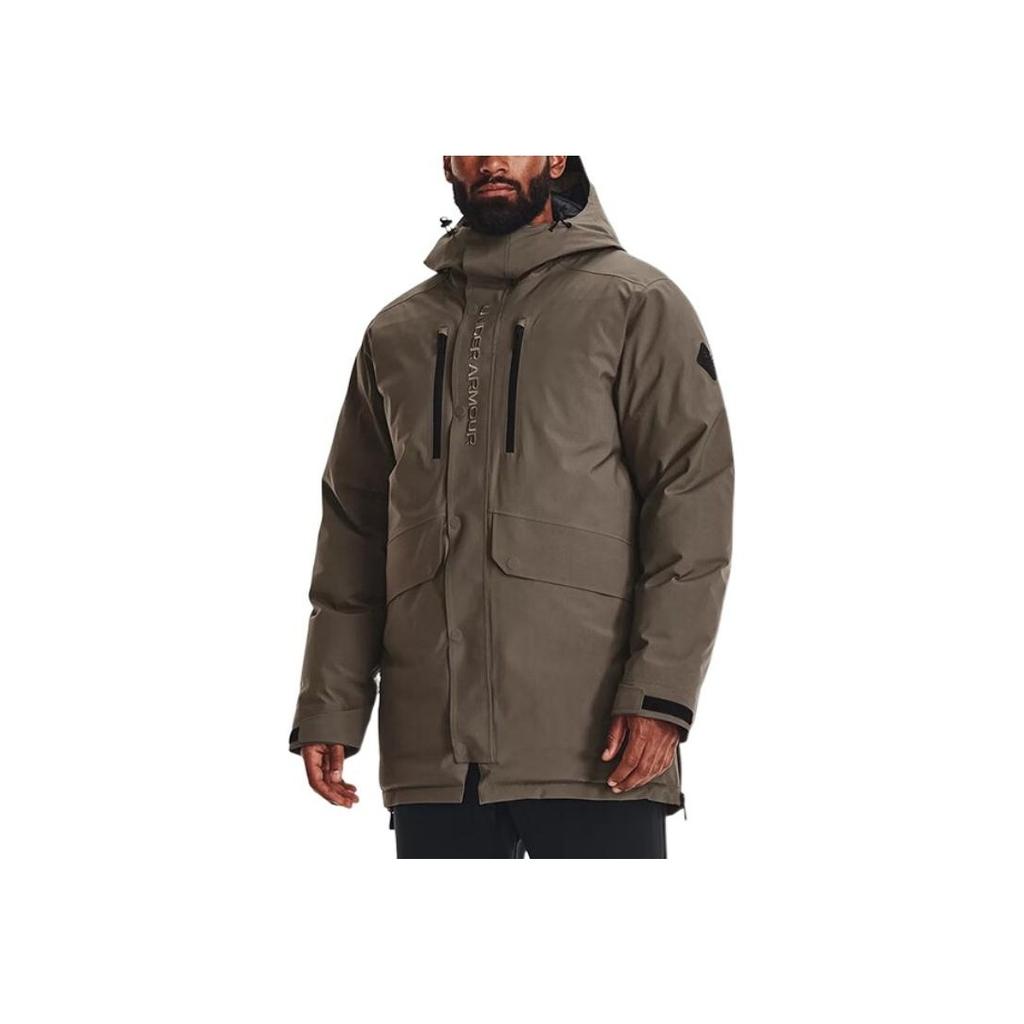 Under Armour Embroidered Letter Zip Hooded Down Jacket Men Outerwear Brown 1375450-366