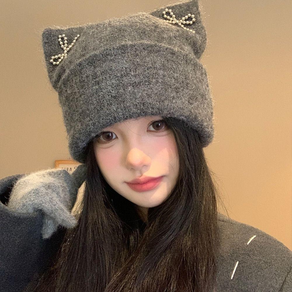 Bow Knitted Pullover Hat Fluffy Winter Wool Hat Harajuku Cat Ears Beanie Hat  Outdoor