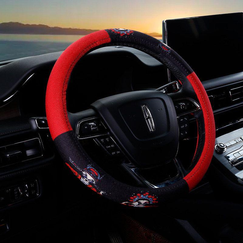 Car Steering Wheel Cover D-Shaped Handlebar Cover Summer Breathable Non-Slip Sweat-Absorbent Linen All-Season Universal Cartoon Cute for Women