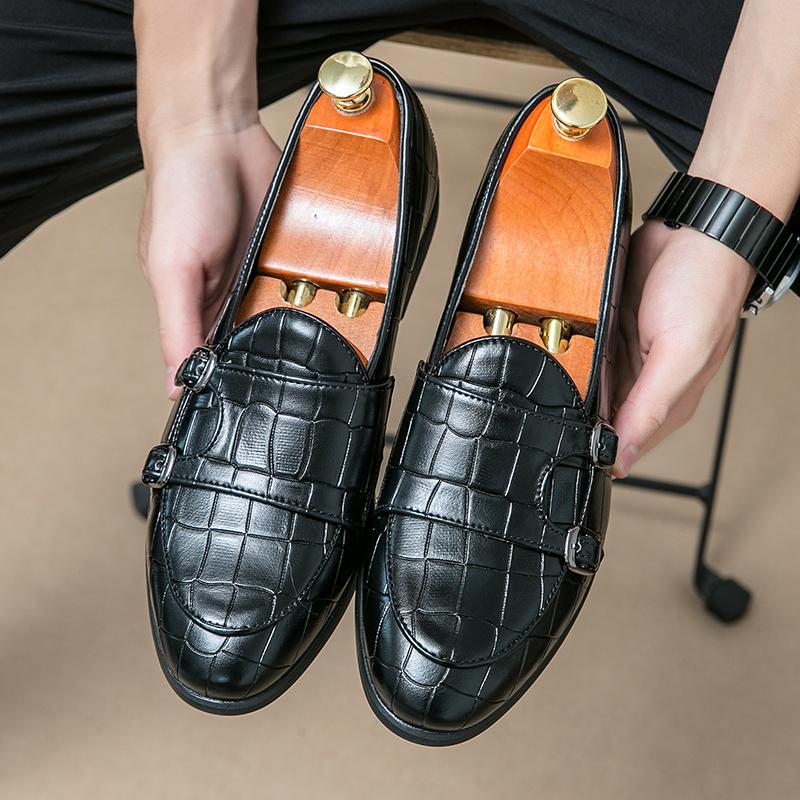 Men's Fashion Alligator Pattern Monk Strap Casual Loafers Gentleman Shoes Formal Wedding Prom Dress Homecoming Zapatillas Hombre