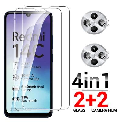 4Pcs [2+2] For Redmi 14C 4G HD Clear Tempered Glass Screen Protector + Lens Camera Film Case Film Cover