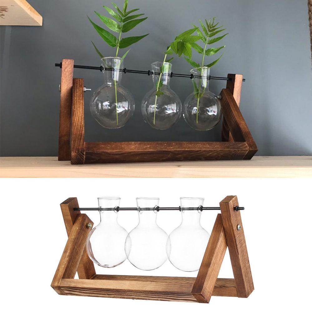 Vases pour plantes hydroponiques Terrarium Tabletop Cadre en bois Vase en verre Pot de fleurs Design vintage Bonsaï Jardinière Décoration de la maison