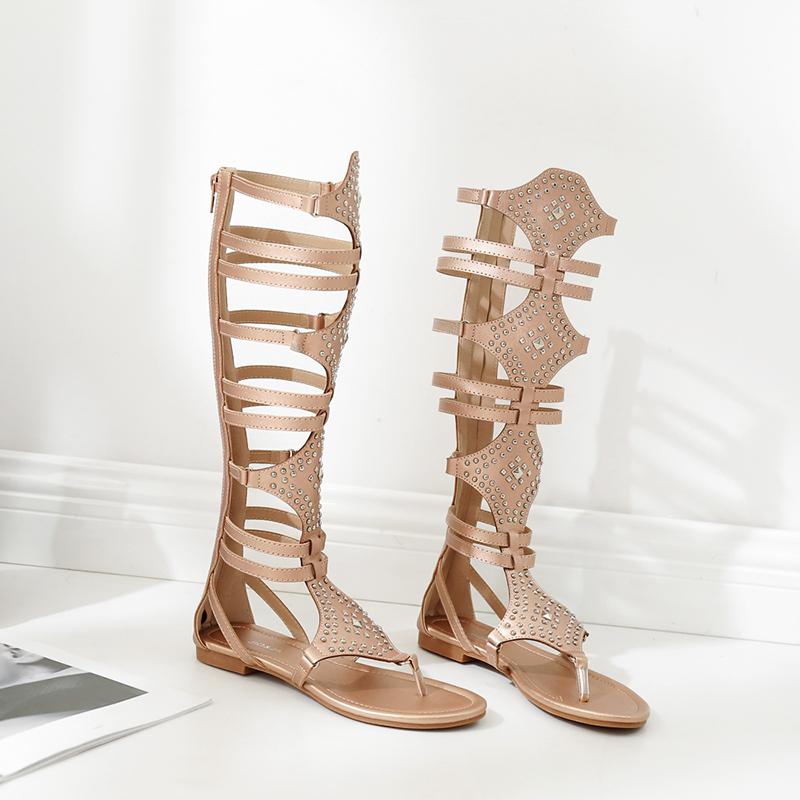 Roman Gladiator Sandals Women Knee High Sandals Small Rivets Adornment High Tong Cool Boots Hollow Out Shoes Summer of The Girls