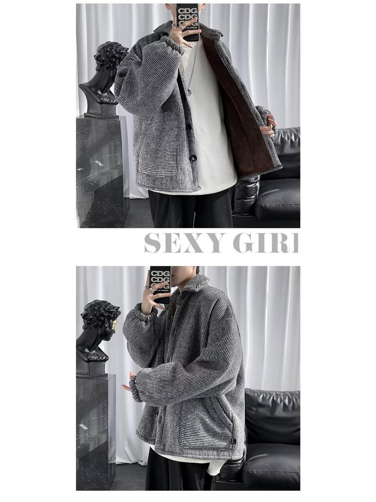Men's Stylish Woolen Cotton Jacket - Autumn/Winter Velvet Warm, Korean Trend, Couples, Thick and Casual.