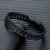 Punk Men Braided Woven Black Leather Bracelets Black Stainless Steel Bangle for Friend Charm Fashion Jewelry Gifts