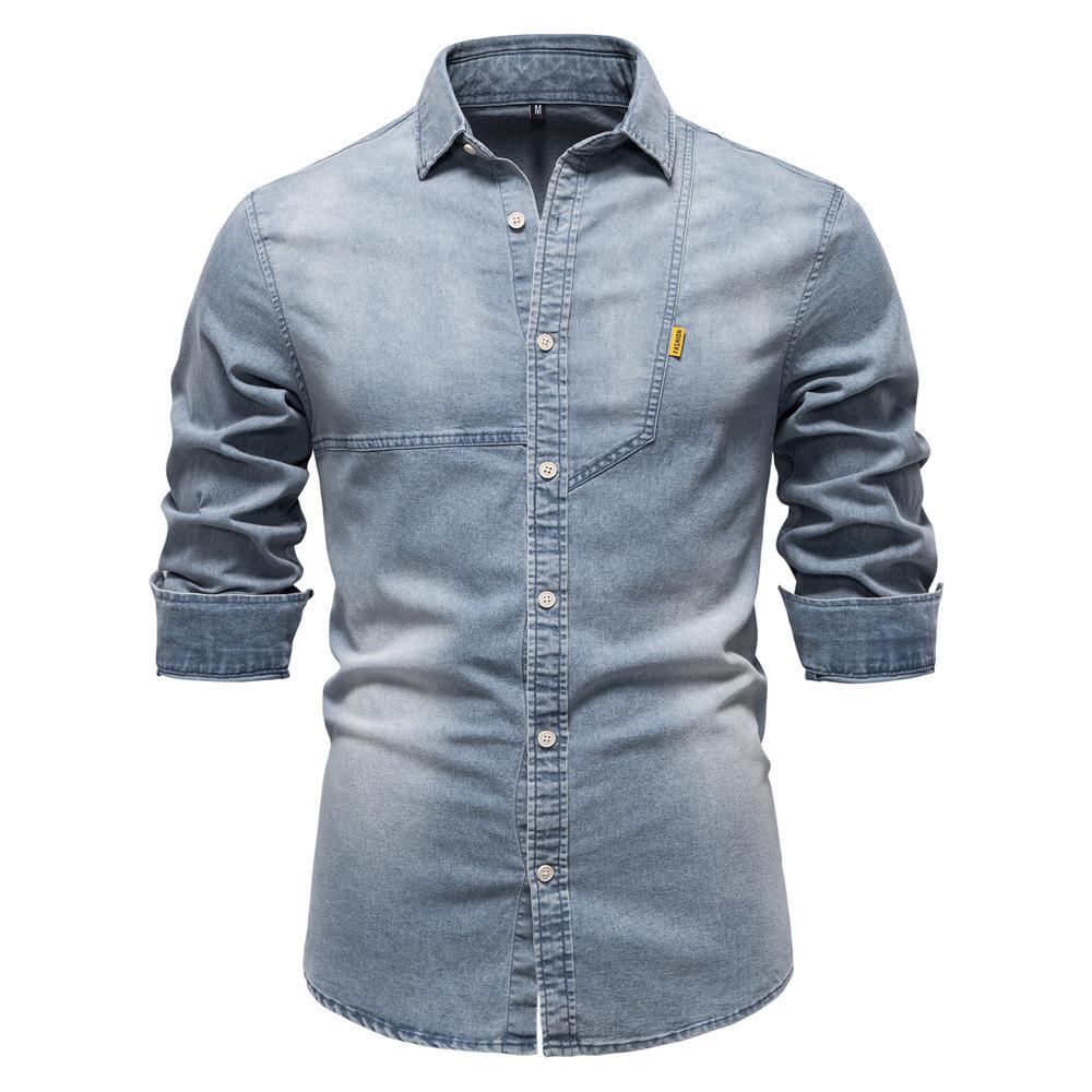 2026 Men's European Size Casual Solid Color Denim Long-Sleeve Shirt In Stock