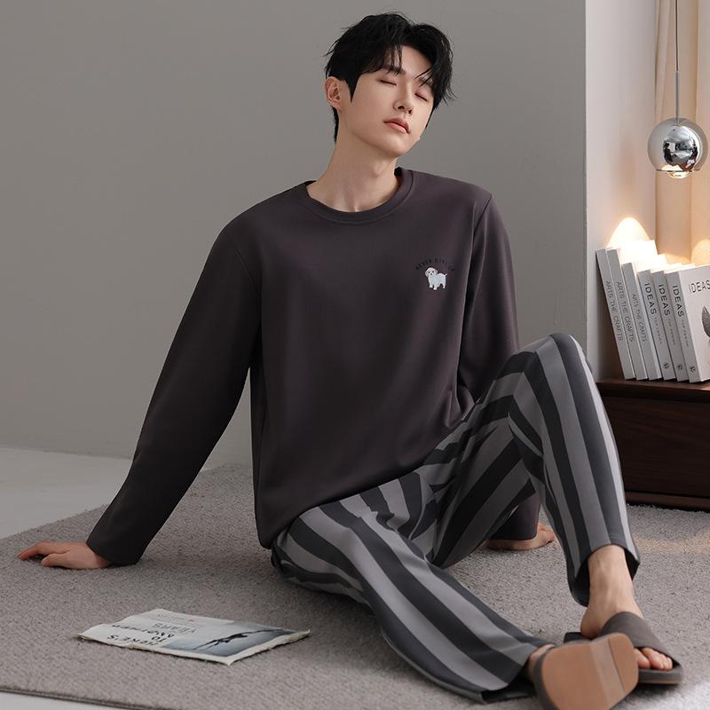 Pure cotton pajamas men's spring and autumn 1011 new men's simple four seasons can wear autumn and winter cotton loungewear suit