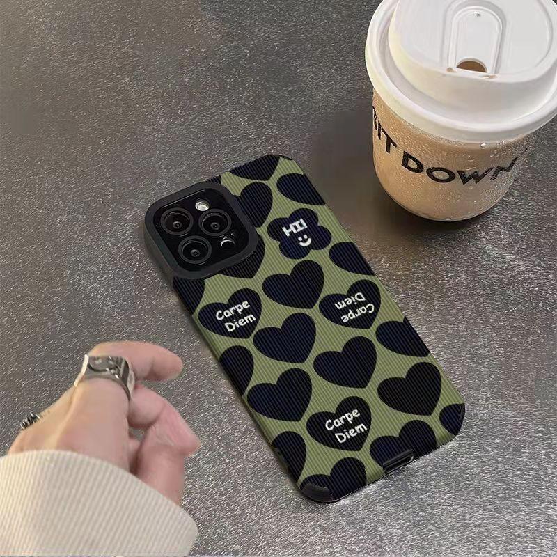 Custodia Color Verde Carina alla Moda con Disegni Cuore d'Amore per iPhone XR XS X 7 8 Plus 11 12 13 14 15 Pro Max Mini SE Copertura Semplice in Silicone