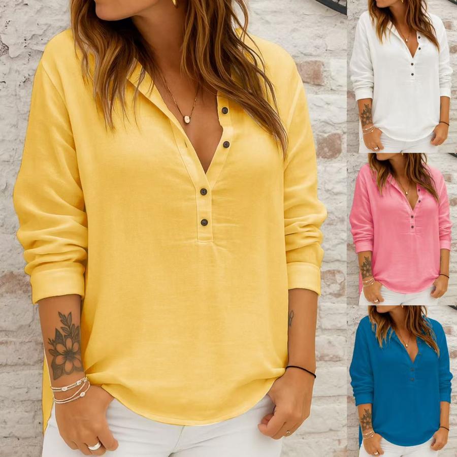 Spring New Women's Casual Loose Fashion Long Sleeve Cotton Linen Solid Color Retro Stand Collar Set Shirt