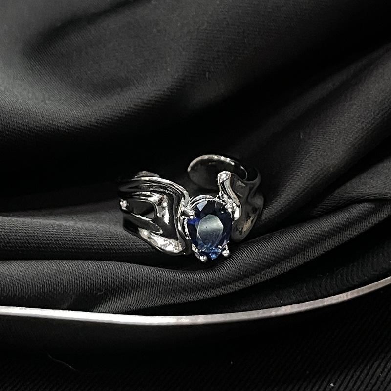 Aquamarine Crown French Open Ring Niche Design High Fashion Jal Personality Light Luxury Ring Women