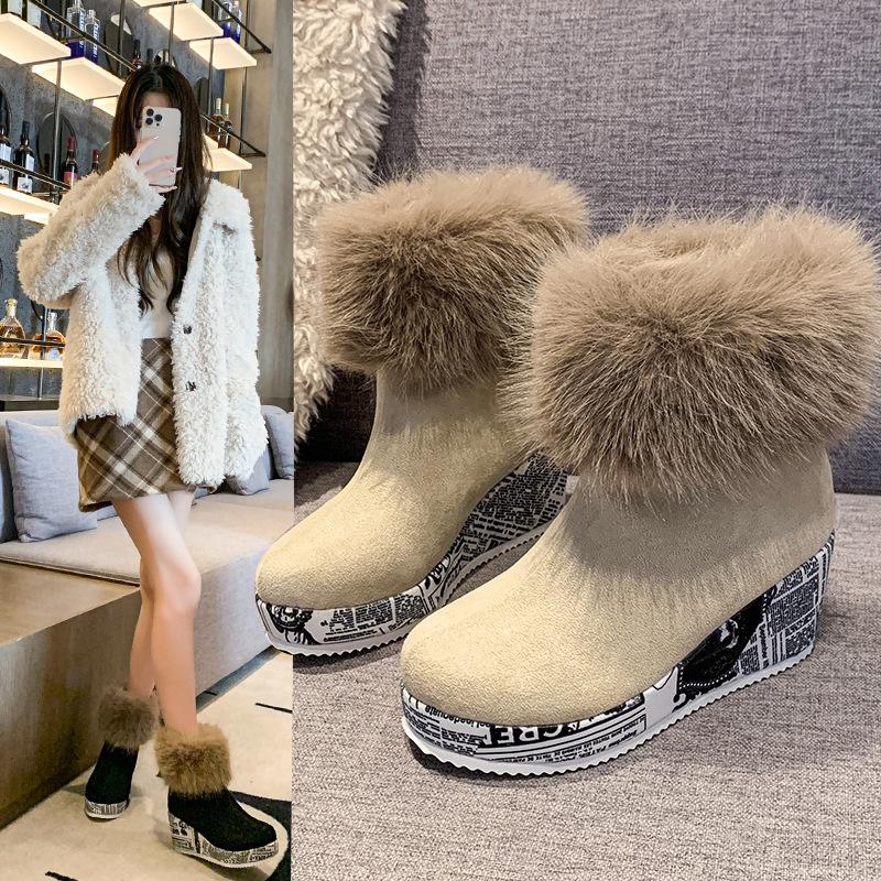 Fashion Women Snow Boots Wedges Plush Warm Anti Slip Comfortable Ankle Boots Fluffy Round Toe Platform Cotton Boots Winter Botas Mujer