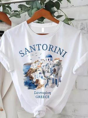 Živé tričko s grafickým potiskem Santorini, kulatý výstřih, prodyšné, krátký rukáv, ležérní, na léto a jaro - Dámské módní oblečení