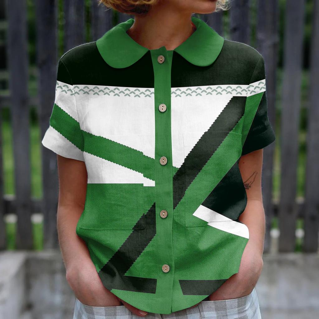 Women's Casual Fashionable Printing O Neck Button Short Sleeved Top