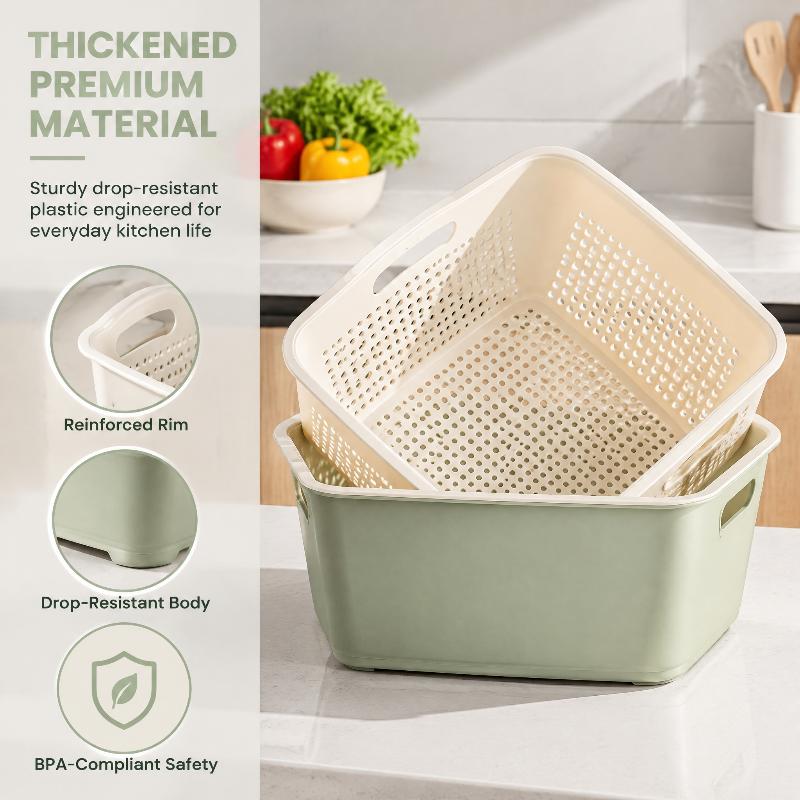 Food Grade Plastic Dual Layer Drain Basket Fine Drain Holes Kitchen Colander Set For Washing Fruits& Vegetables