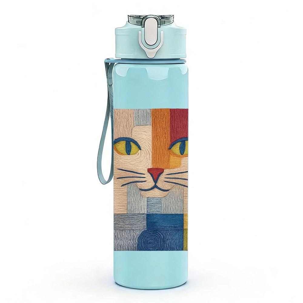 1PC Patchwork Colorful Cat Face Print 750ml Color Plastic Sports Water Bottle Leakproof Flip Straw Lid Suitable for Sports Office Home Use