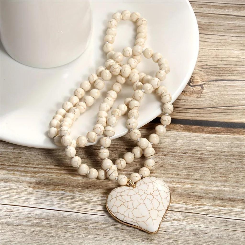 Women's Vintage Turquoise Beaded Necklace Heart Pendant Ethnic Style Neckchain Bohemian Long Sweater Chain Jewelry