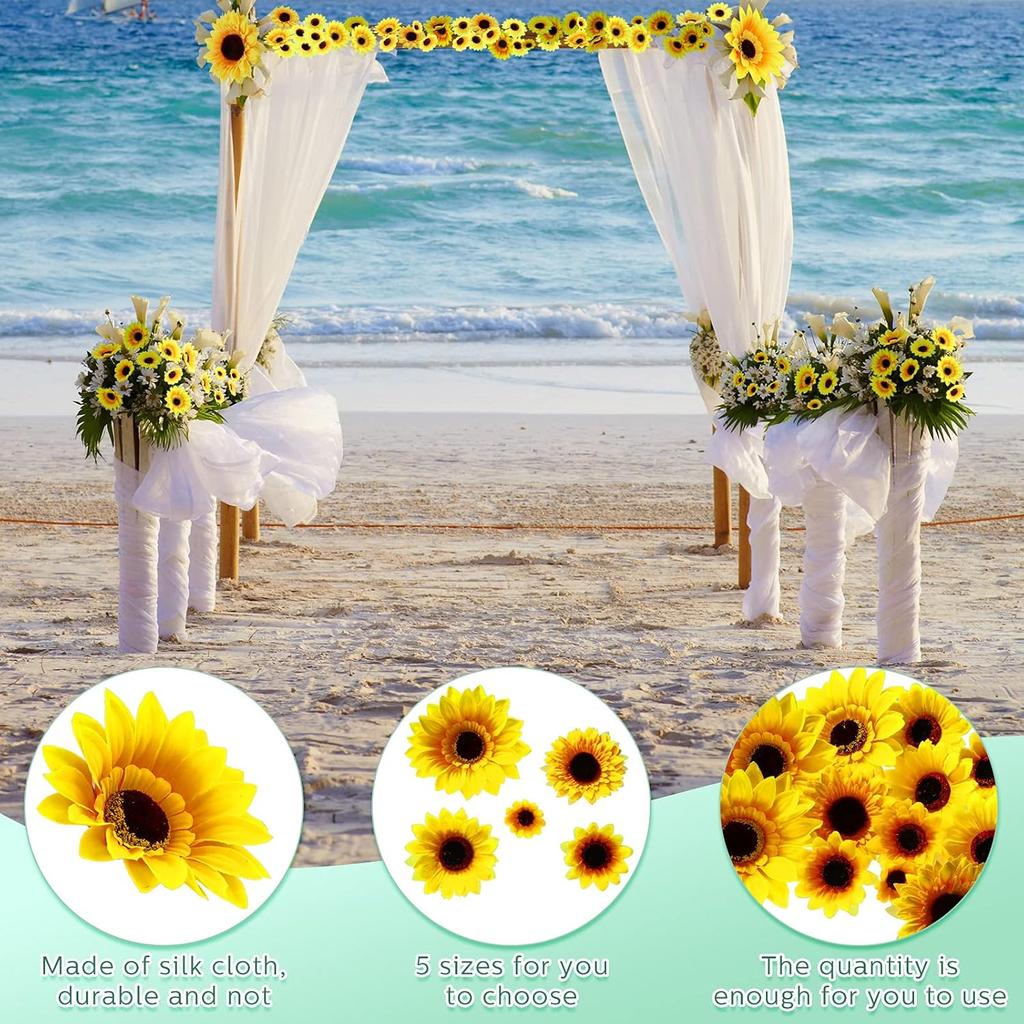 MTLEE 150 Pieces Fake Sunflower Artificial Silk Sunflower Heads Faux Flowers Decoration Yellow Floral Arrangements for Craft Home Party Wedding