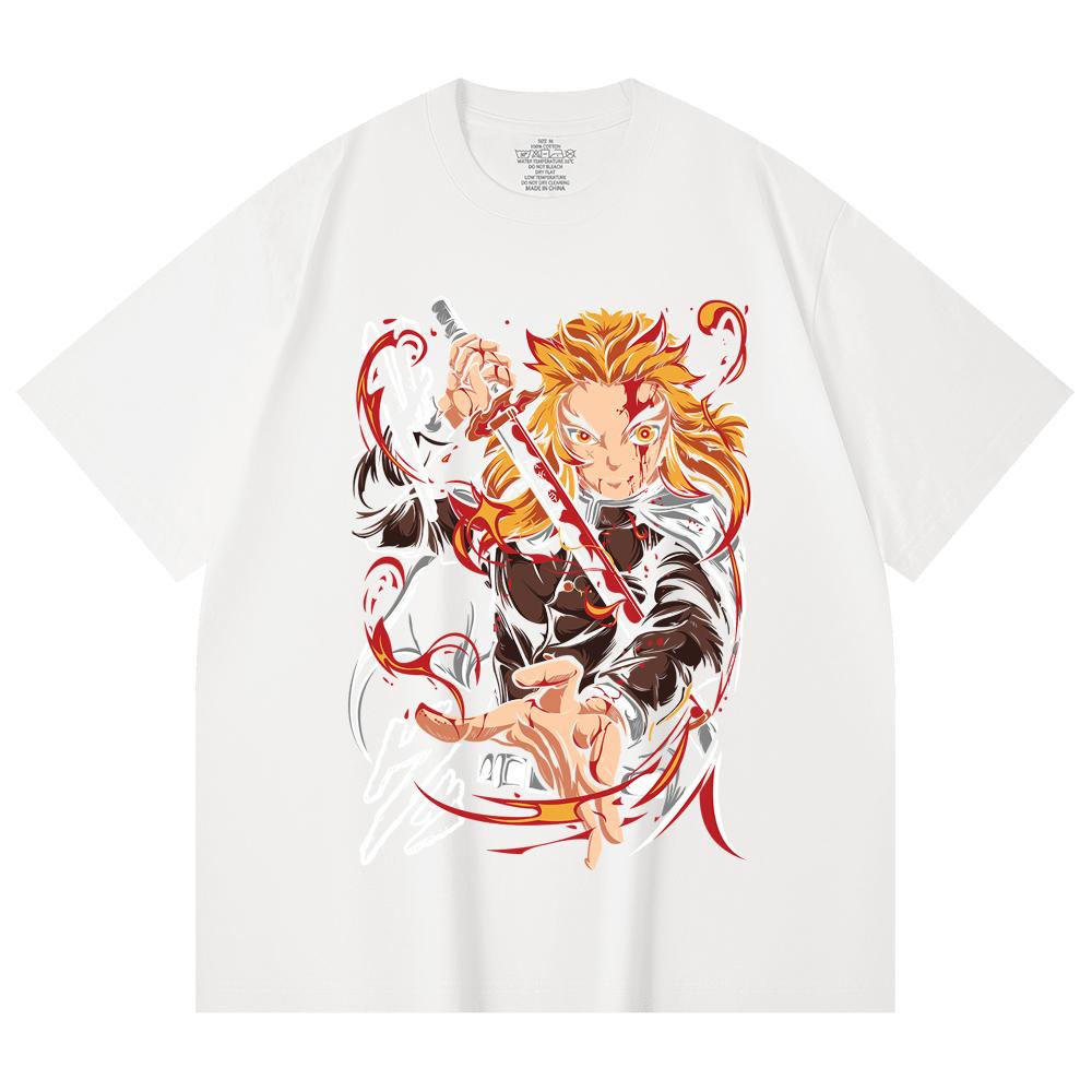 230 Gsm 100% Cotton Demon Slayer V85 Rengoku Print Unisex Heavy Cotton T Shirt