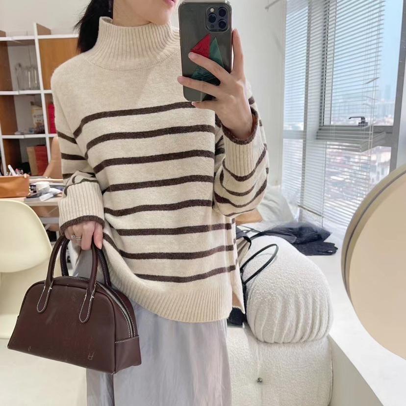 

YYFS Женская мода повседневная осень-зима полосатый принт длинный рукав высокий ворот свитера Size: One Size темно-коричневого