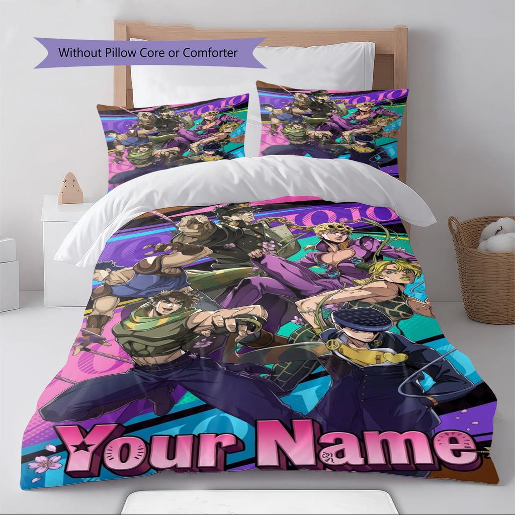 Name Custom Anime JJBA Pattern Bedding Set Quilt Cover Pillowcase Home Decor Gift (1 * duvet cover + 2 * pillowcase, without core)