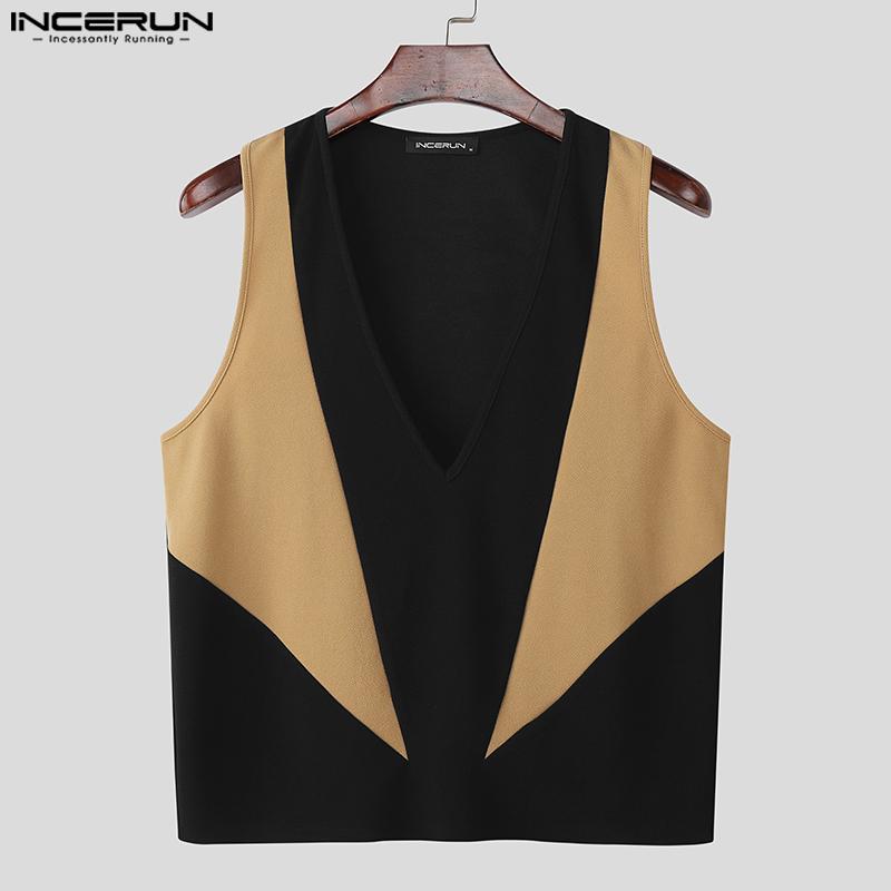 INCERUN Men V Neck Sleeveless Stitching Waistcoat and Long Pants Outfits Sets