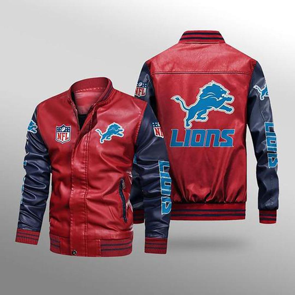New Vintage PU Leather Jacket Printed Jacket Detroit Lions Rugby Fans Gift Loose Jacket