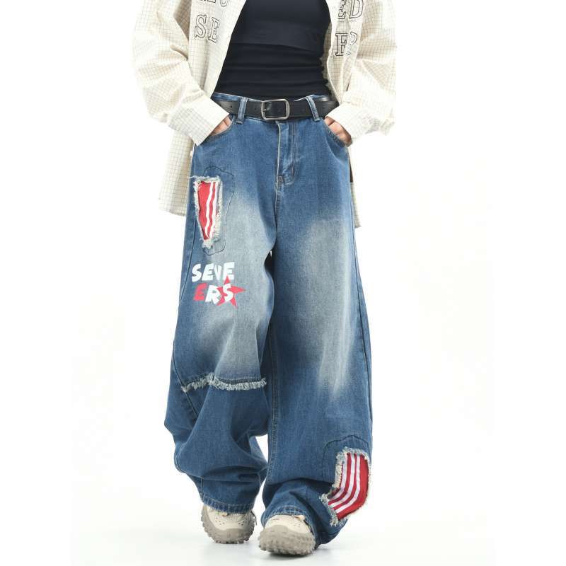 Джинсы JYL Унисекс Широкие Американский Винтаж Пэчворк Стирка Bootcut В Пол Деним XL бездна