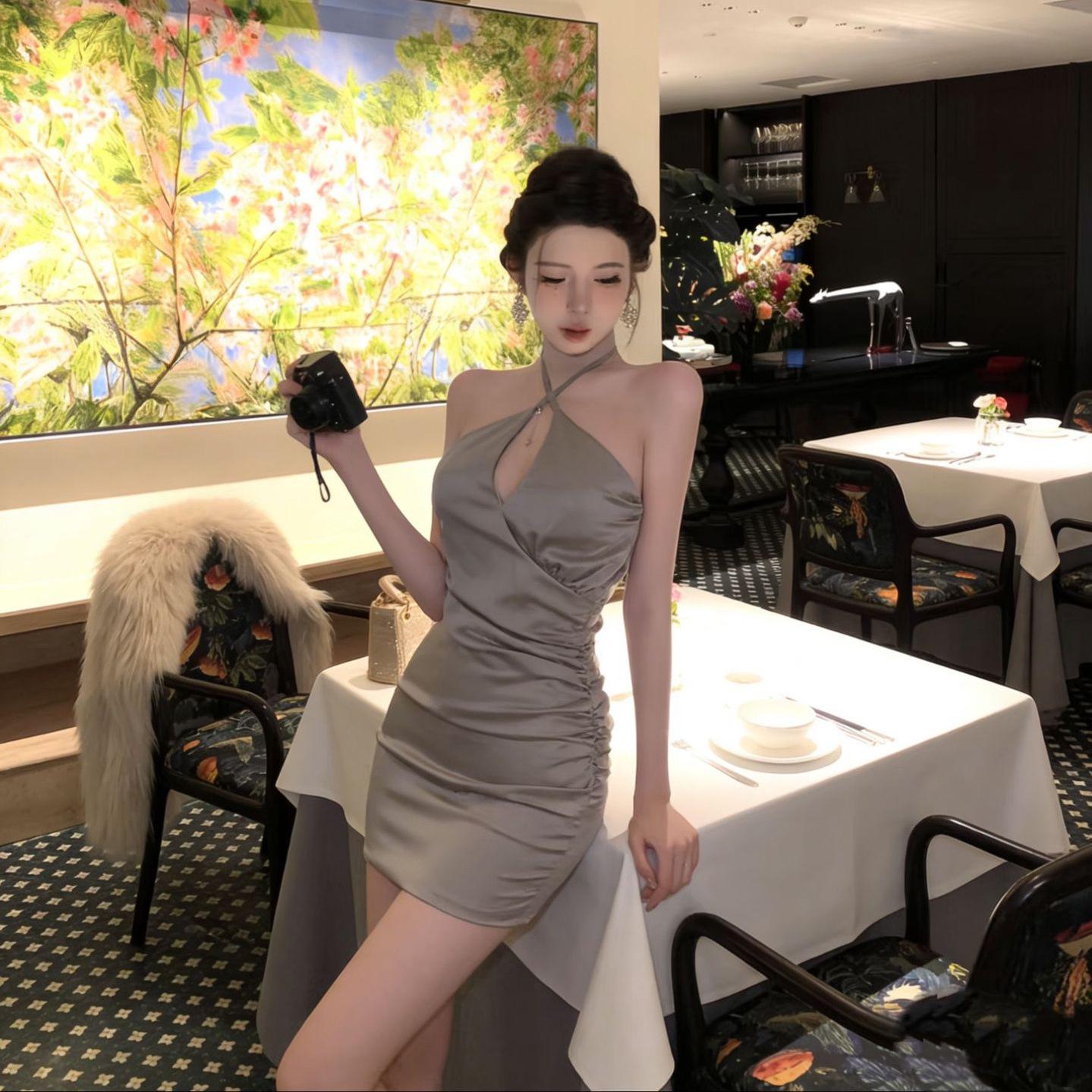 Elegant TZ6974 Halterneck Ruffled Satin Bodycon Dress for Women - Sexy, Slimming, and Flattering Short Skirt. Medium