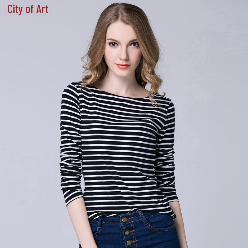 2022 Women's Slimming One-Shoulder Black & White Striped Long Sleeve T-Shirt