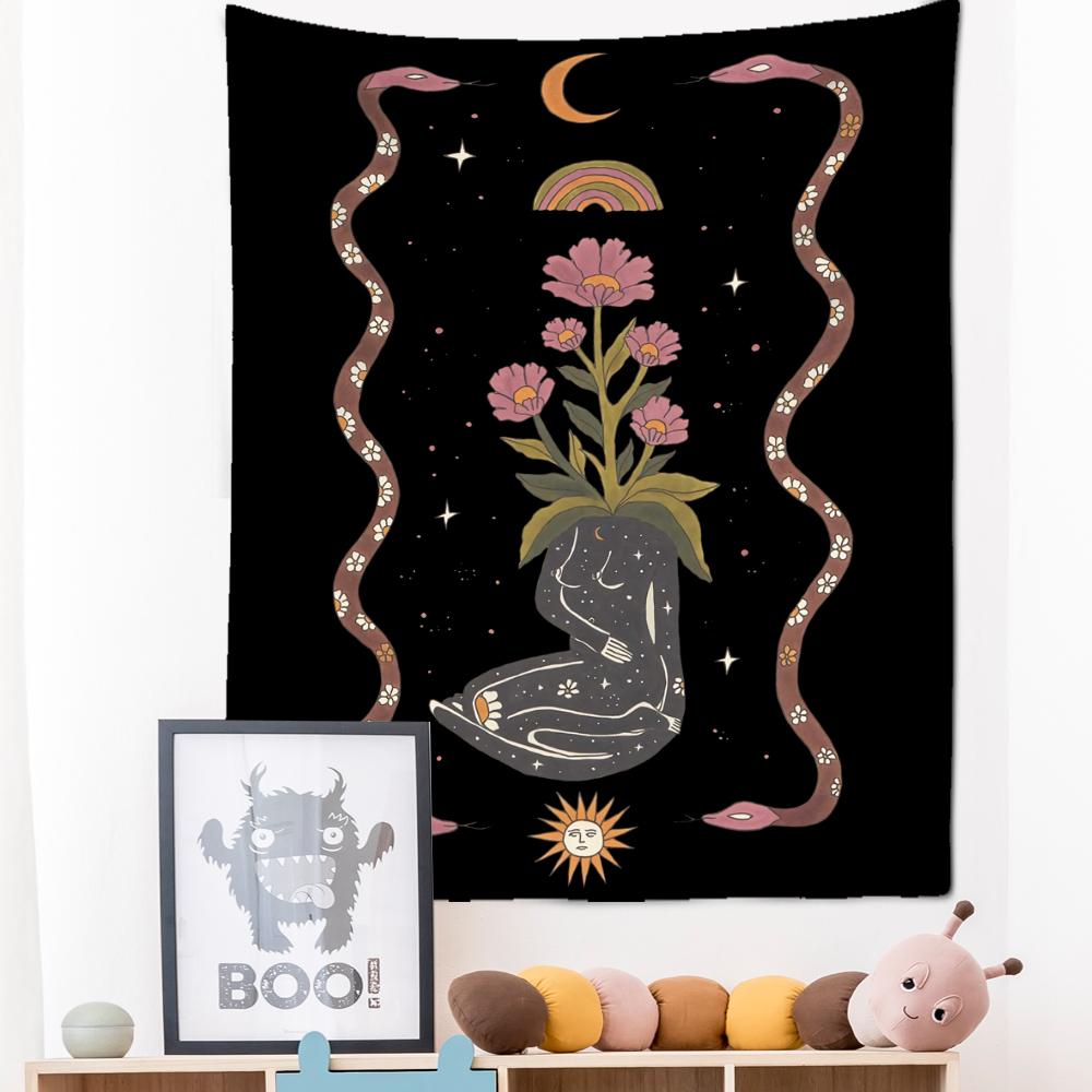 Sun Moon Star Tarot Tapestry Wall Hanging Astrology Divination Witchcraft Hippie Goddess Plant Flower Bedroom Home Decor