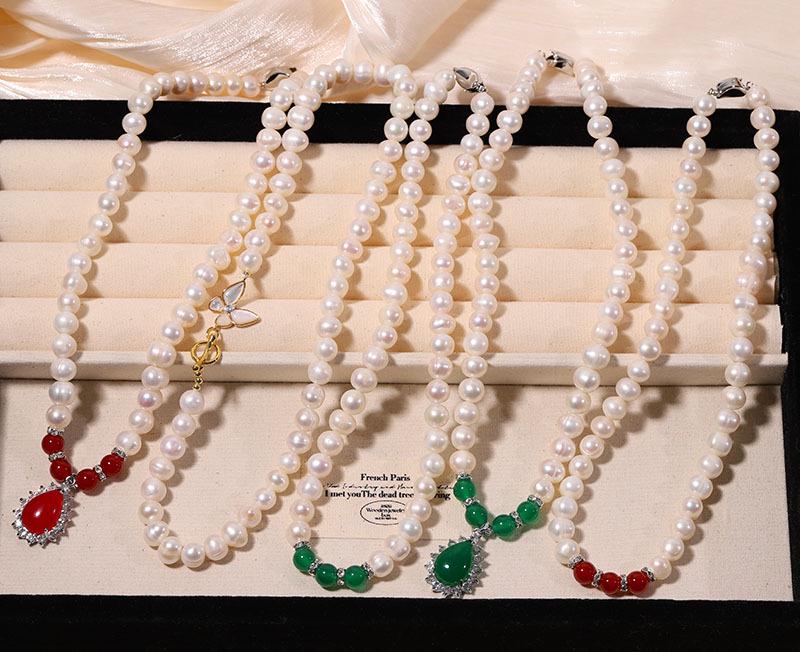 Zhuji Natural Freshwater Pearl Necklace Set: Green Water Drop Design - Perfect Mother's Day Gift