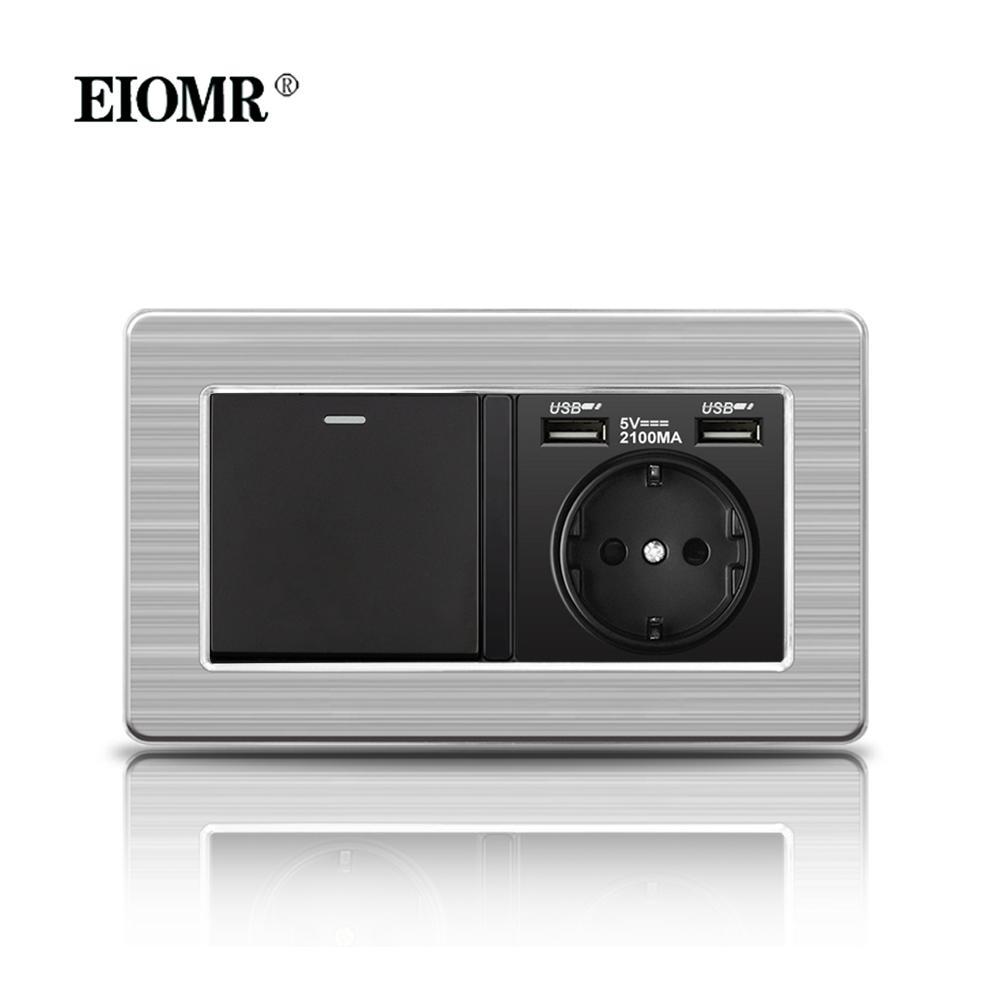 EIOMR 16A Black EU Standard Wall Sockets and Switches Stainless Steel Panel with Children Protective Door with USB Power Outlet