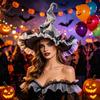 Retro-Stil Hexenhut Damen Großer Raffierter Hut, Halloween Filz Zauberer mit Rüsche/Blumen/Netz, Kostüm für Erwachsene Cosplay für Party, Maskenball Zubehör