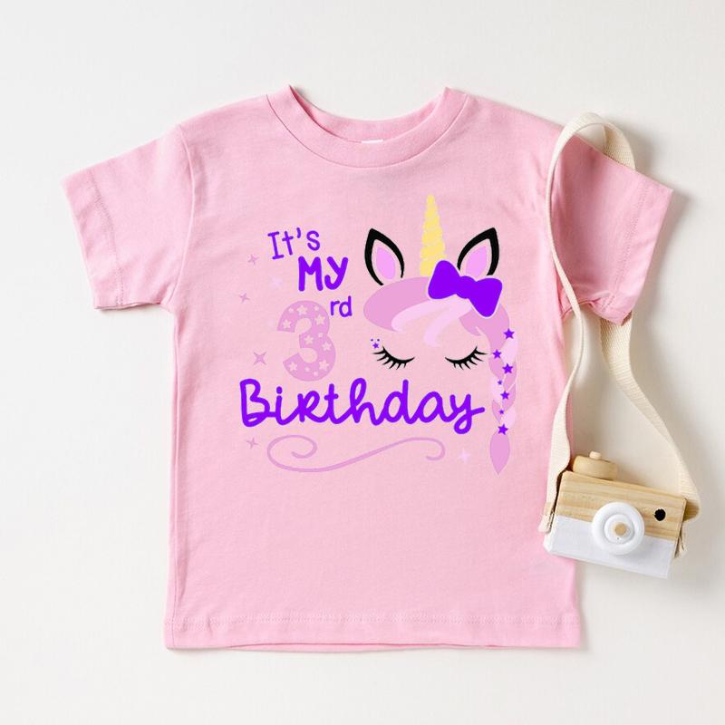Kawaii Unicorn Face Eyelashes Number Tshirt It's My 3-9th Birthday T Shirt Kids Clothes Girl T-Shirt Short Sleeve T-Shirts