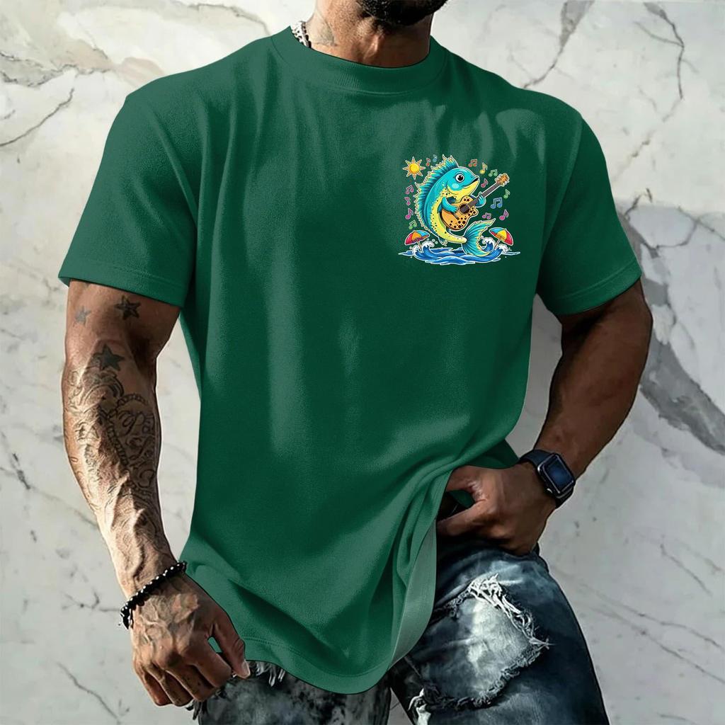 Men's Vintage Textured Print Short Sleeve T Shirt Loose Fit Casual Summer Daily Wear Top with Graphic Fish Design