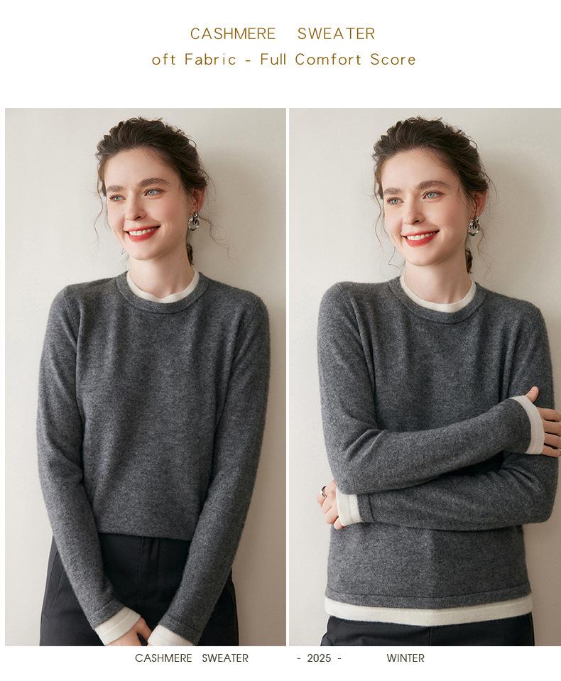 Women's Contrast Color Fake Two-Piece Cashmere Knit Sweater - Loose Fit, Round Neck, Autumn Winter Top