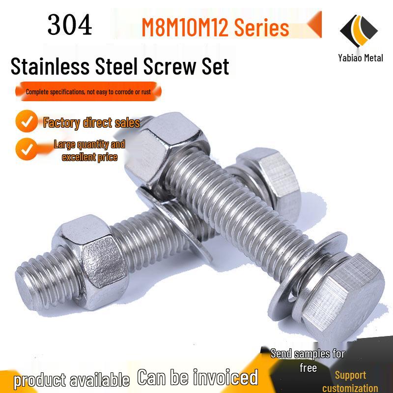 304 Stainless Steel Hex Nut Set M8/M10/M12 with Bolts, Screws, Flat & Spring Washers
