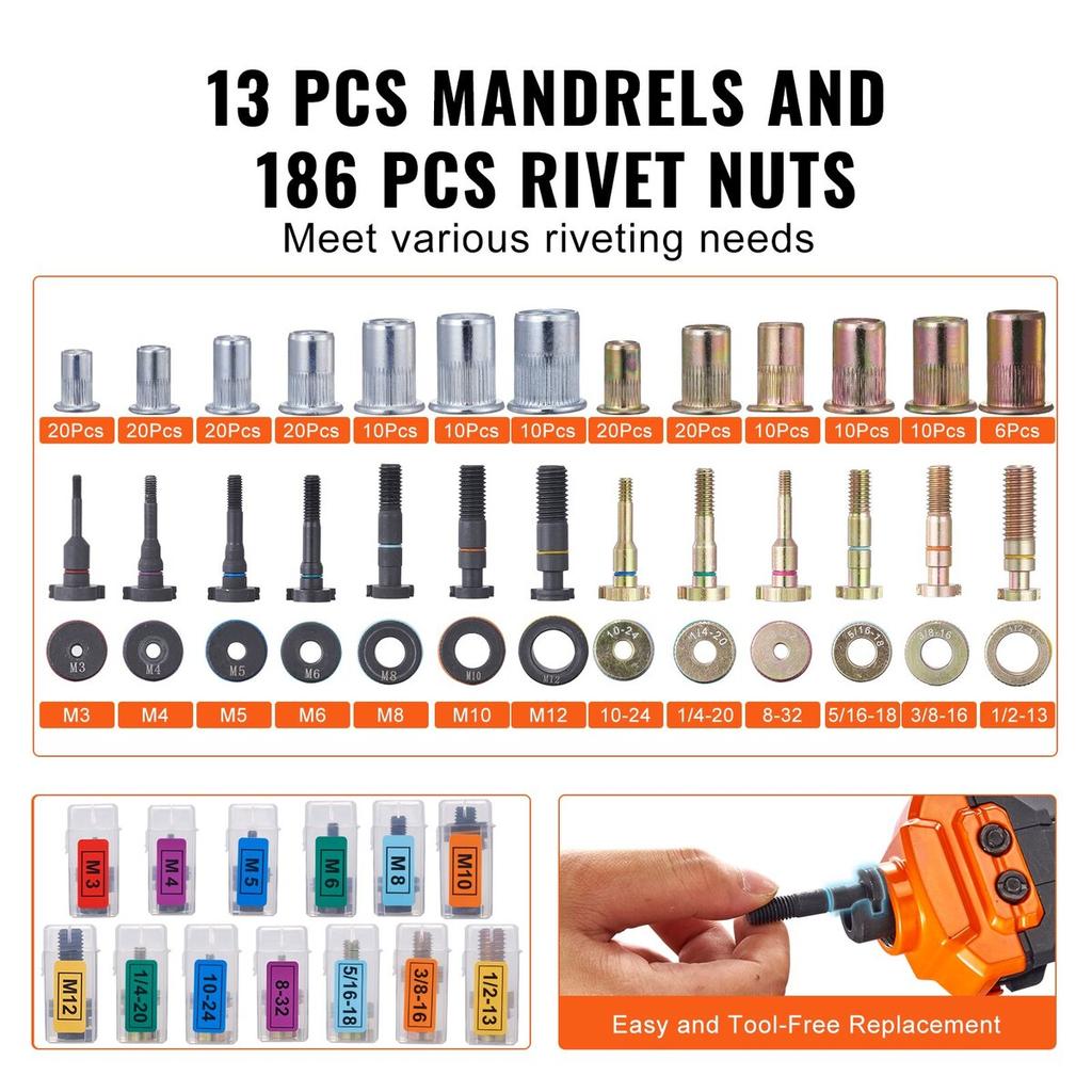 Rivet Nut Tool, 16” Rivnut Tool Kit with 13PCS Metric and SAE Mandrels, 186PCS Rivet Nuts, M3, M4, 10-24, M5, M6, 1/4-20, 8-32, 5/16-18, M8, 3/8-16,