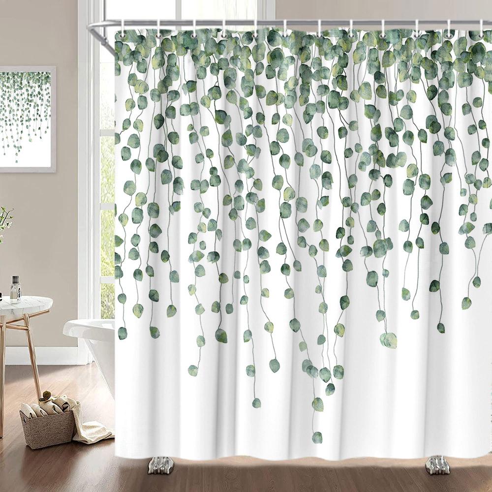 Tropical Green Leaves Plant On White Background Odorless Shower Curtains for Bathroom Showers and Bathtubs Decor with Hooks