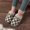 Cozy Checkered Slip-On Slippers with Bow Soft Indoor Slippers Checkered Pattern Knit Construction Slippers for Indoor Use