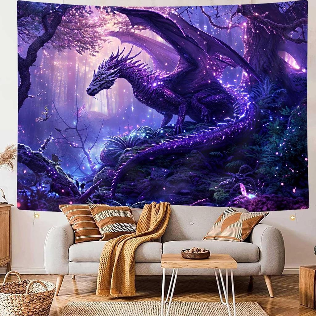 Purple Dragon Tapestry Medieval Fantasy Animal Cool Tapestry Wall Hanging For Bedroom Aesthetic, Psychedelic Magic Forest Tree