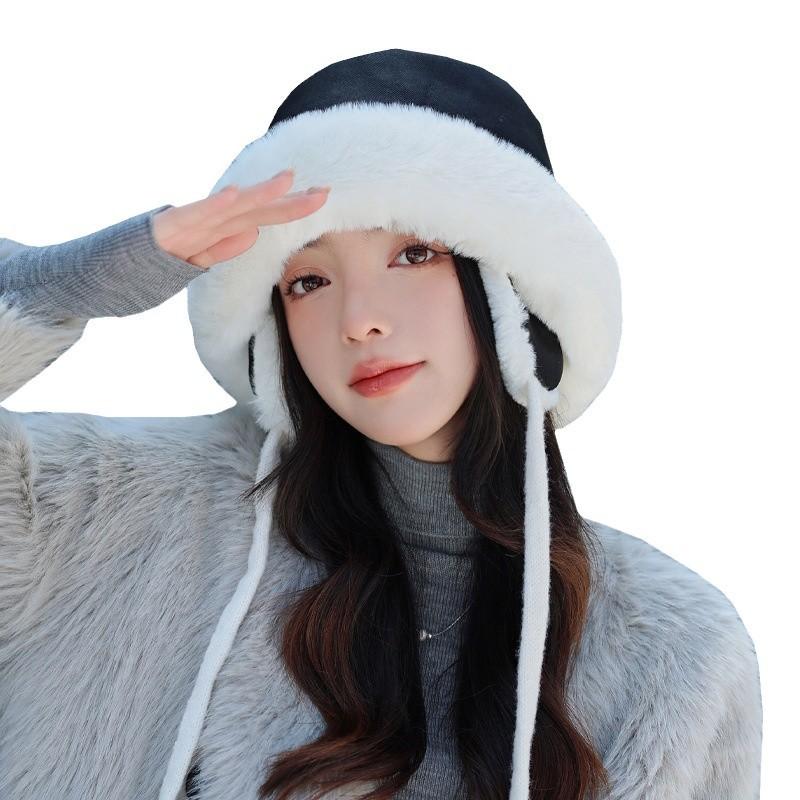 Women's Warm Windproof Plush Pot Hat for Women's Deer Leather Velvet Ear Protection Hat Showing Face Small Thickened Fisherman's Hat