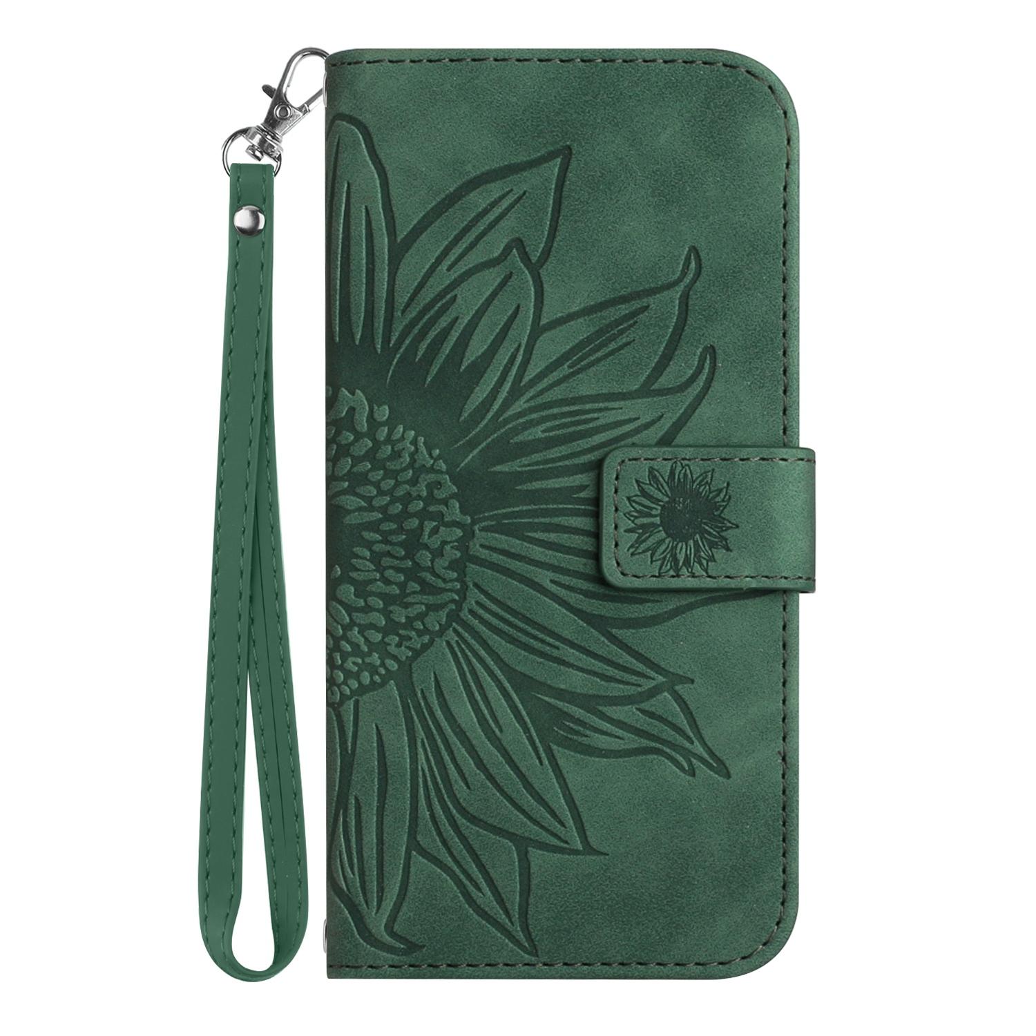 

For Google Pixel 6a HT04 Mobile Phone Case,Drop Prevention Skin-Touch PU Leather Imprinted Sunflower Stand Wallet Cover with Hand Strap Dark Green