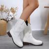 Embroidered White Western Boots Women Autumn Slip on High Heels Cowboy Boots Woman Plus Size 42 Pointed Toe Mid Calf Botas