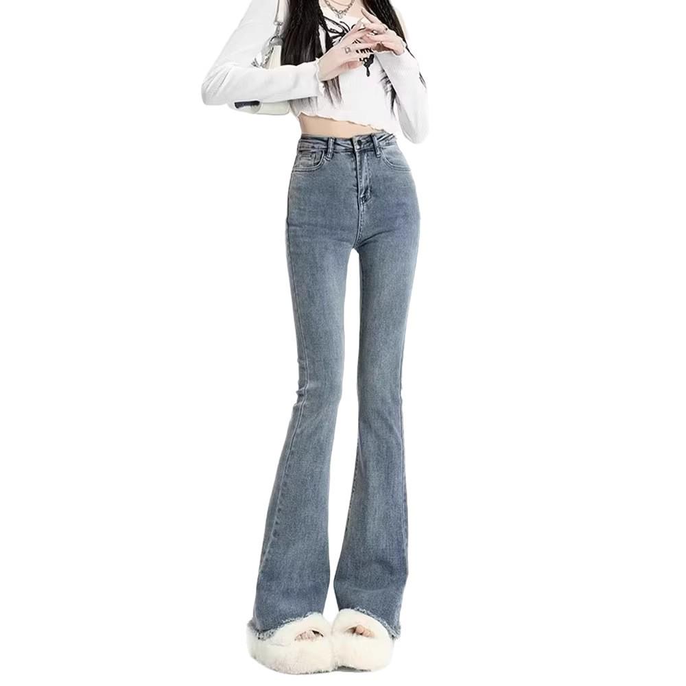 Women's Retro Gray High-Waist Micro-Flare Jeans with Frayed Hem – Slimming, Stretchy, Spring/Autumn Style