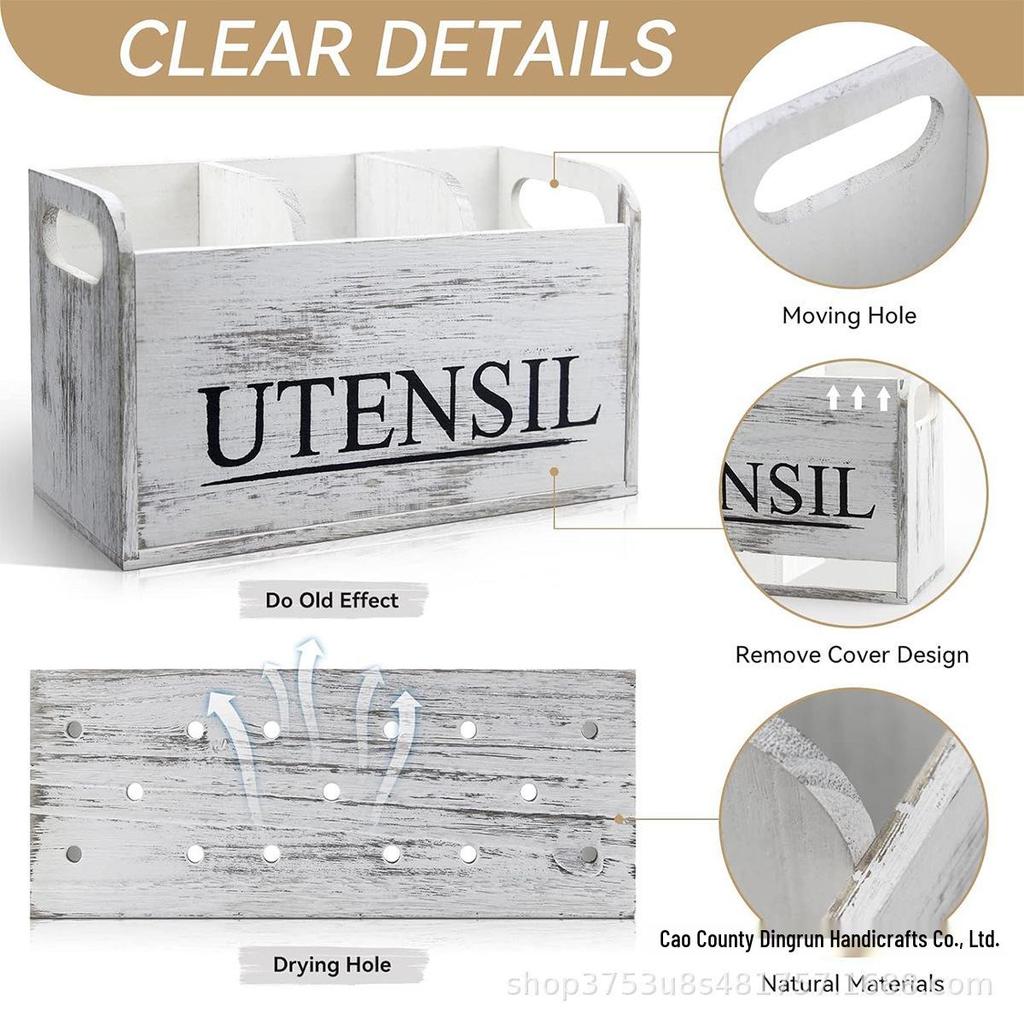 Retro Drewniany Wielokomorowy Organizer Kuchenny na Noże, Widelce, Łyżki i Pałeczki