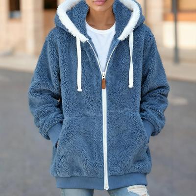 Women's Fashionable Solid Color Long Sleeved Loose Hooded Pocket Zipper Plush Warm Jacket
