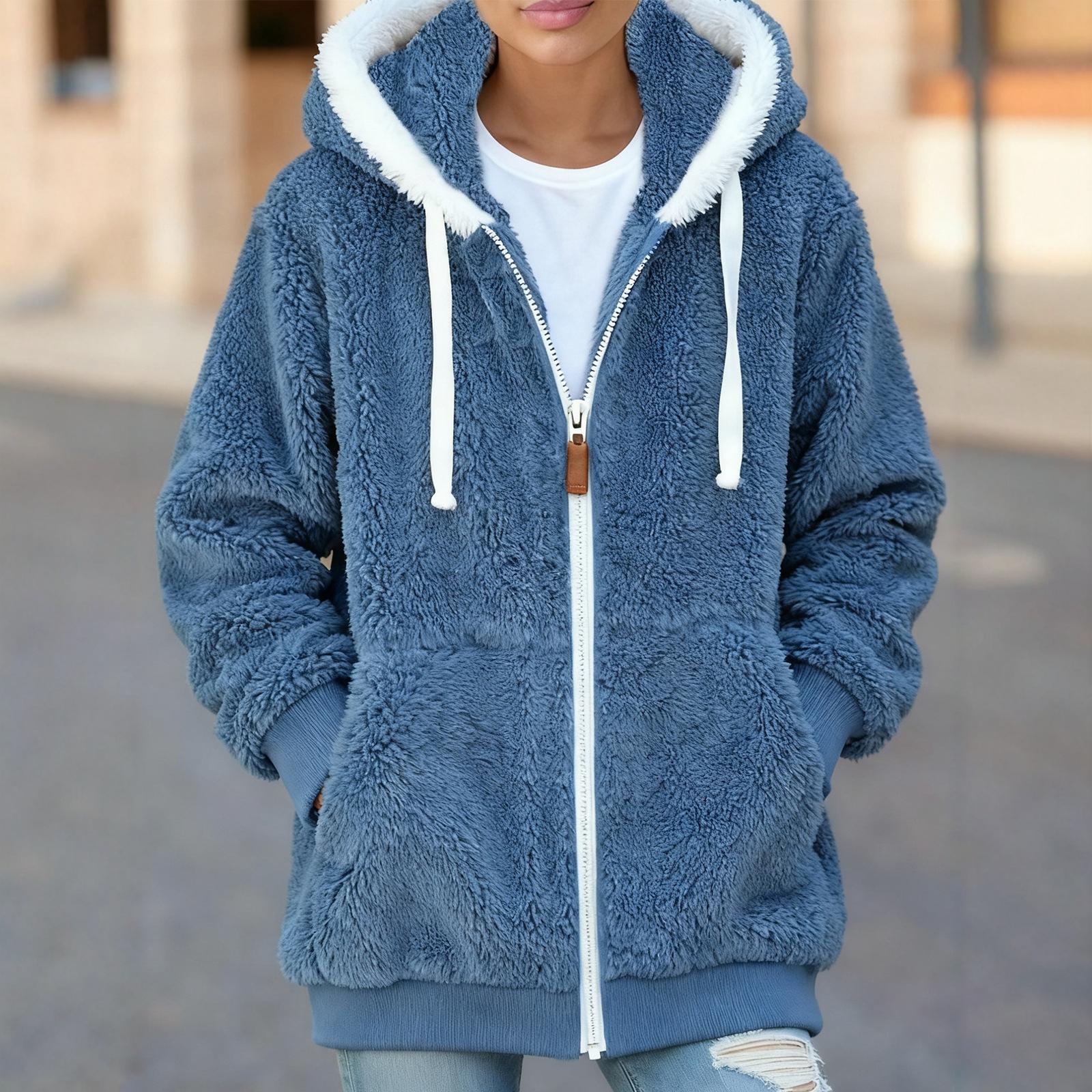 

Женская модная однотонная куртка с длинными рукавами, свободного кроя, с капюшоном, карманами, на молнии, плюшевая, теплая S синий